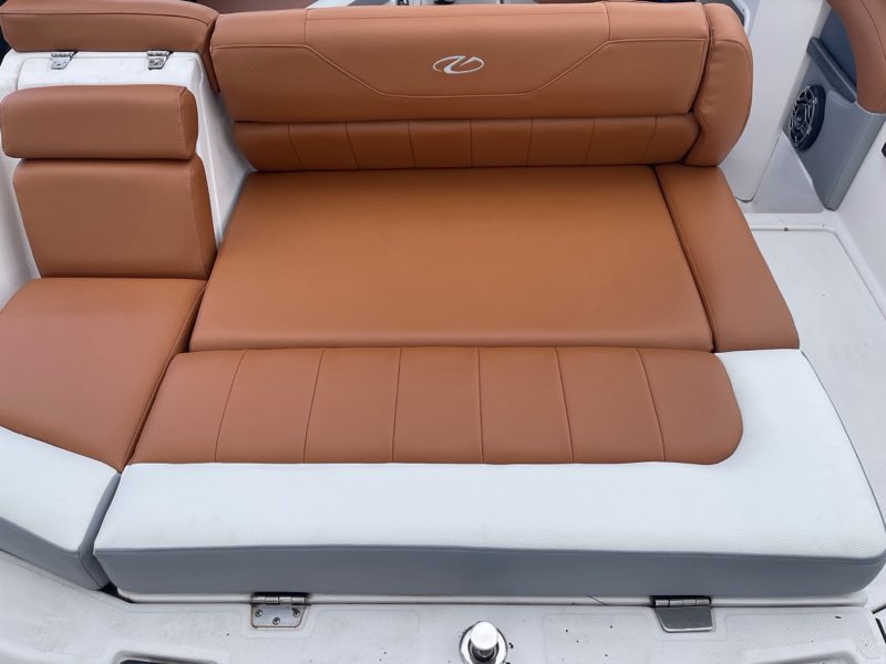 Marine and pontoon boat seating reupholstered in tan leather